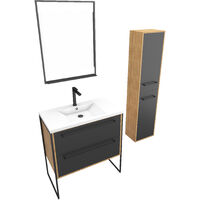 Meuble de salle de bain 80x50cm - vasque blanche 80x50cm -2 tiroirs noir mat + colonne + miroir led