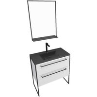 Pack meuble salle de bain 80x50 Blanc -2 tiroirs noir - vasque noir effet pierre et miroir noir mat