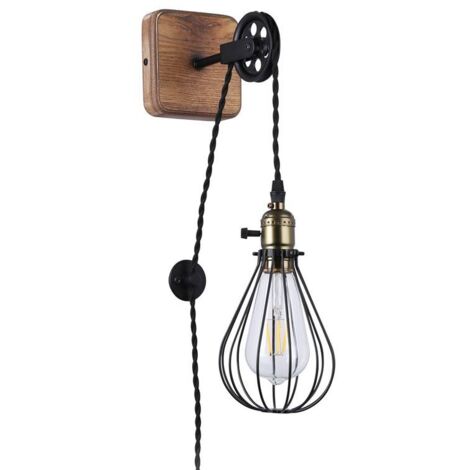 ALPINALUZ Aplique de Pared Industrial Vintage con Jaula de Metal Negro y Polea Elevadora E27