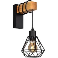 ALPINALUZ Aplique de Pared de Madera Natural Vintage con Pantalla de Jaula y Portalámparas Colgante E27 para Salón Pasillo Negro