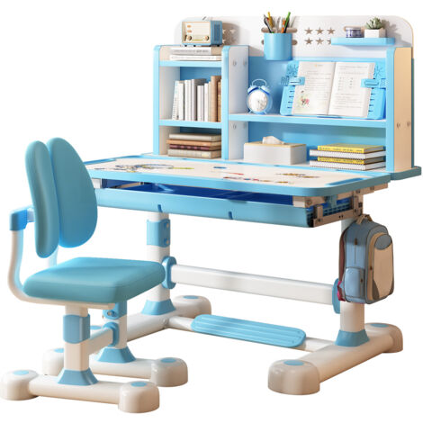 Table et chaise d'étude pour enfants, réglables en hauteur, équipées d'un correcteur de posture assise, équipées d'une étagère, d'une pédale, d'une conception de cloison (bleu) (1/5)