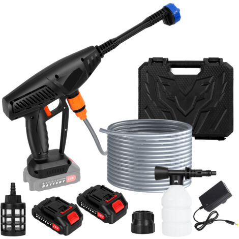 Pistolet à eau haute pression rechargeable pour lave-auto, neuf six en un, 24 V avec deux batteries et un chargeur, boîte à outils