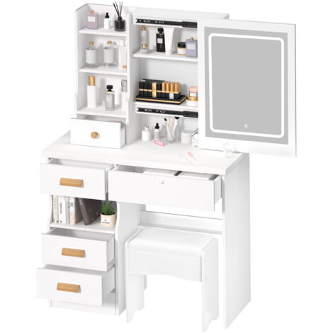 Coiffeuse Avec Miroir LED Et éclairage - Coiffeuse De Chambre Blanche Avec Trois Tiroirs Spacieux Et Une Porte Dimensions L 100 H 75 P 40 Cm 97854200