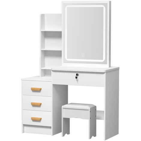 Coiffeuse avec miroir, 4 tiroirs, 3 étagères, 1 tabouret, 90 x 37 x 135 cm, blanc. (1/5)