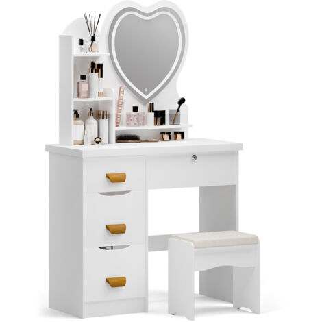 Coiffeuse avec tabouret, miroir LED en forme de cœur (luminosité réglable), 4 tiroirs, 2 étagères, 80×36×129 cm (blanc).
