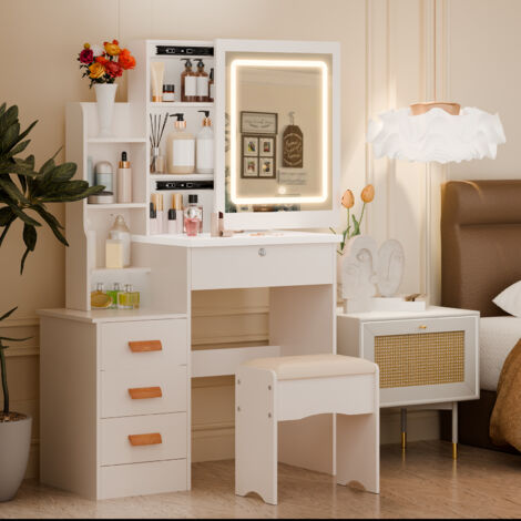 Coiffeuse - Coiffeuse avec miroir lumineux LED réglable, tabouret, 4 tiroirs et 5 étagères, 80x36x132 cm, blanc