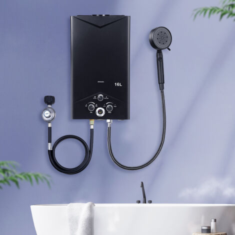 FLASIDU - Chauffe-eau instantané à gaz, capacité de 16 litres, débit de 4,21 gallons/minute, température maximale de l'eau 70 °C, avec affichage numérique.