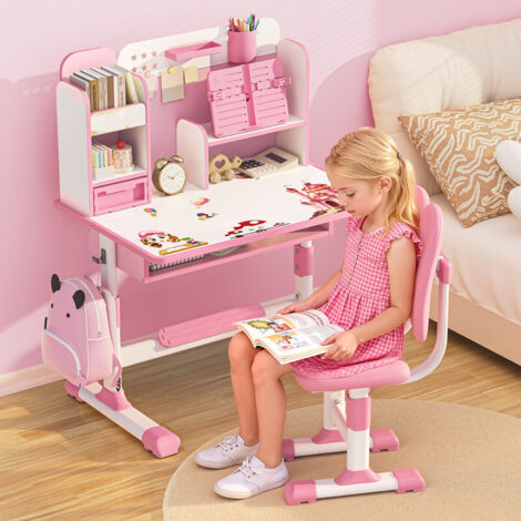 Bureau Enfant Réglable En Hauteur Avec Chaise - Plateau Inclinable 0-40° Rose, Tiroir & Crochet, Parfait Pour Fille Dès 6 Ans