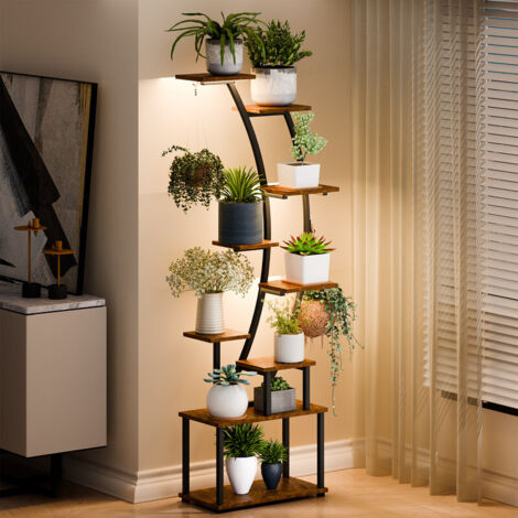 FLASIDU - Support à plantes en métal - 9 niveaux - Support à plantes en forme de croissant avec crochets et lampes horticoles - idéal pour les balcons - terrasses et jardins - 50 x 26 x 155 cm (1/5)