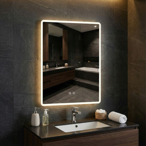 FLASIDU - Miroir de salle de bain - 60×80 cm - Éclairage et luminosité réglables - Verre trempé incassable - Deux haut-parleurs Bluetooth - Fonction mémoire