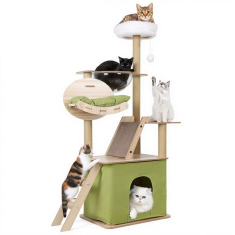 FLASIDU - Arbre à Chat Hauteur de 145 cm - comprend un panier pour chat, une plateforme de saut, une capsule transparente, un jouet suspendu en peluche, un hamac et un griffoir - vert clair (1/5)