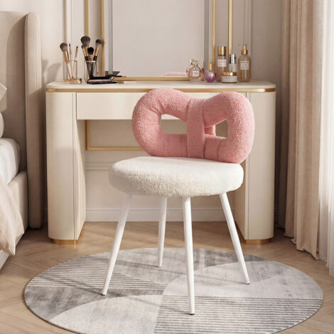 FLASIDU - Tabouret en fausse laine - Chaise de coiffeuse - Dimensions : 43 × 35 × 73 cm - Coussin d'assise blanc - Dossier incurvé rose - Pieds en bois