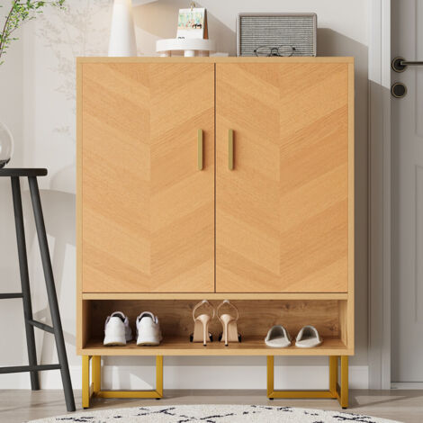 FLASIDU - Meuble à chaussures - fabriqué en panneaux de fibres de haute qualité, double porte, trois étagères fermées, un compartiment ouvert, dimensions 80cm×38cm×100cm, capacité de charge 50kg (1/5)