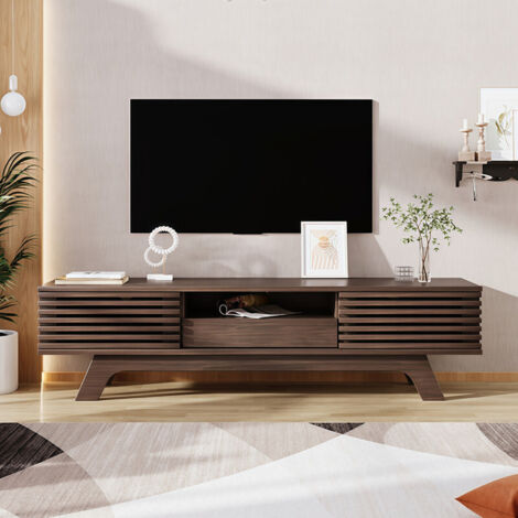 FLASIDU - Meuble TV - 150 x 35 x 44 cm - 1 tiroirs - 2 compartiments de rangement avec portes à fermeture amortie - Panneaux de fibres de haute qualité - Charge maximale : 50 kg - Marron (1/5)