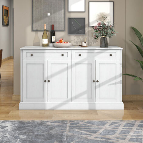 FLASIDU - Buffet - 4 portes et 2 tiroirs - Panneaux de fibres et de particules - Convient pour la cuisine, le salon ou la chambre - Dimensions : 150 cm × 40 cm × 86 cm - Blanc (1/5)