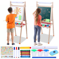 FLASIDU - Chevalet Enfant - Table à dessin double face (une face noire, une face blanche) - hauteur réglable - avec plateau rouge et pinces48 cm de long x 46 cm de large x 110 cm de haut