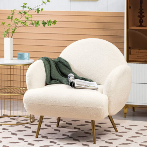 Fauteuil relax moderne en tissu teddy – Dossier incurvé – Pieds en or blanc – Confort optimal pour salon et chambre (1/5)