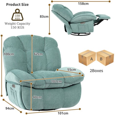 DYHOME Fauteuil de relaxation électrique pivotant avec fonction massage et chauffage, avec port de charge USB et Type-C, Vert