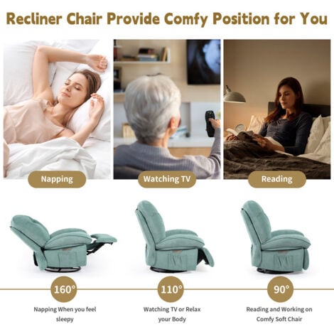 DYHOME Fauteuil de relaxation électrique pivotant avec fonction massage et chauffage, avec port de charge USB et Type-C, Vert