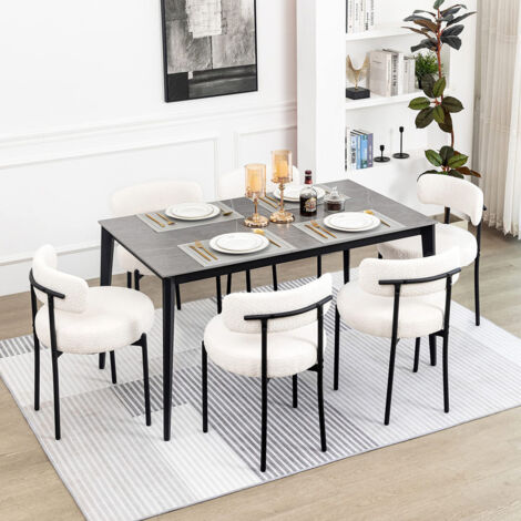 Set de 6 chaises scandinaves avec dossier incurvé – Coussin épais 10 cm – Pieds en métal noir – Pour salle à manger moderne (1/5)