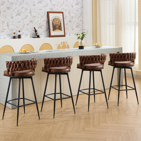 DYHOME Tabouret de bar, set de 4, avec dossier et repose-pieds tressés, tabouret de bar pivotant, simili cuir PU, hauteur d'assise 79 cm, pour cuisine, salle à manger et home bar, marron