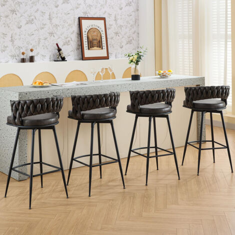 Tabouret de bar pivotant set de 4 – Dossier et repose-pieds tressés – Simili cuir PU – Hauteur d'assise 79 cm – Noir