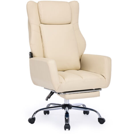 DYHOME fauteuil chaise bureau à pieds croisés avec, revêtement en cuir PU, fonction massage, accoudoirs et repose-pieds réversibles, beige