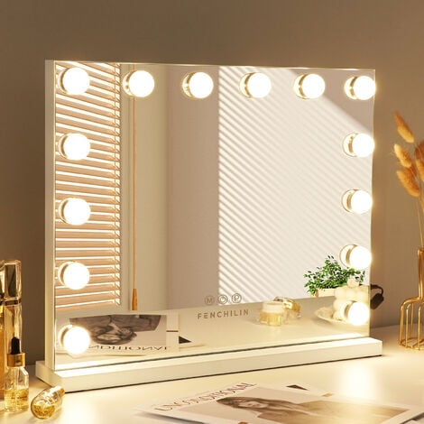 FENCHILIN Hollywood Spiegel mit Beleuchtung, mit USB, Touch-Steuerung, großer Schminkspiegel mit 14 dimmbare LED, 3 Farbtemperatur Licht Kosmetikspiegel,Tischplatte/Wandmontage (weiß) 50cm x 40cm