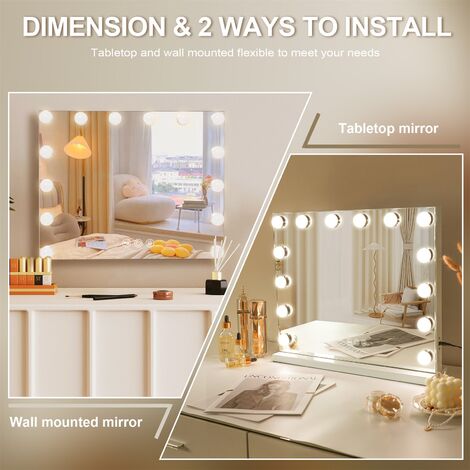 FENCHILIN Hollywood Spiegel mit Beleuchtung, mit USB, Touch-Steuerung, großer Schminkspiegel mit 14 dimmbare LED, 3 Farbtemperatur Licht Kosmetikspiegel,Tischplatte/Wandmontage (weiß) 50cm x 40cm