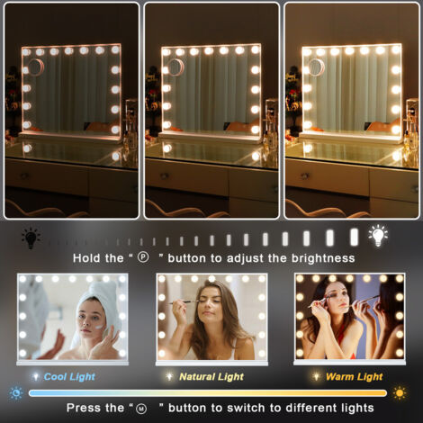 FENCHILIN Hollywood Spiegel mit Beleuchtung USB Ladeanschluss 15 Dimmer Leuchten 3 Lichtmodus Schminkspiegel mit Beleuchtung Hollywood Spiegel Wandmontage Weiß 58cm x 48cm