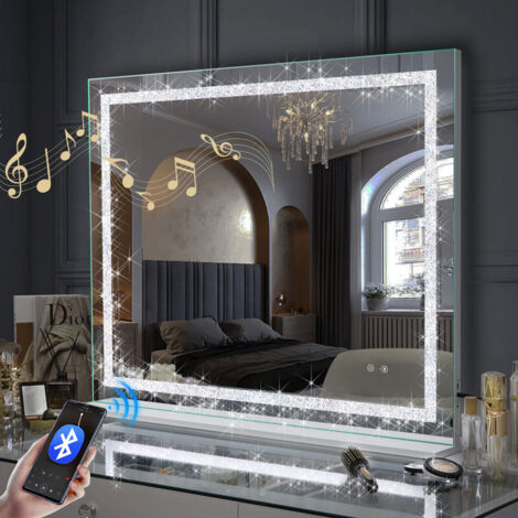 FENCHILIN Spiegel mit Licht Spiegel mit Bluetooth, 3 Lichteffekte einstellbar, Wand-/Tischspiegel, doppelt verwendbar, Make-up-Spiegel, Badezimmerspiegel, groß, weiß, 100cm x 80cm