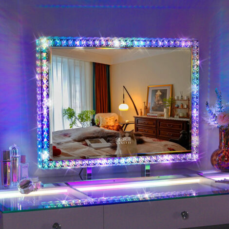FENCHILIN Kosmetikspiegel mit Bluetooth-Lesegerät und RGB-Funktion,Kosmetikspiegel mit LED-Beleuchtung,großformatiger Spiegel,hochwertiger Kosmetikspiegel aus Kristall,weiß,80x60cm