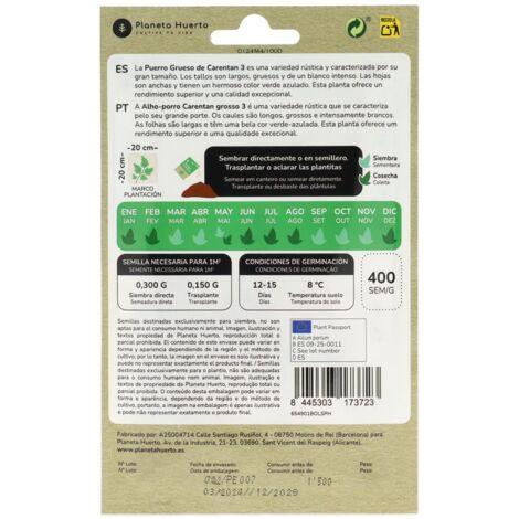 Semillas De Puerro Carentan 2 Ecológicas - Sobre 3 Gramos, Para Huerto En Casa, Cultivo Sostenible