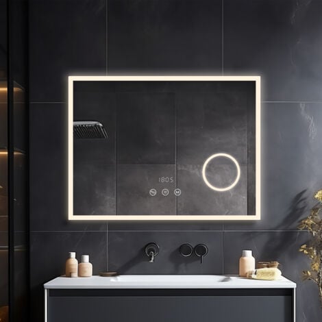 Heilmetz Espejos de Baño con Luz Antivaho Espejo Baño con 3X lupa y Relojes, 3 Luz de Color Brillo Ajustable 80x60 cm