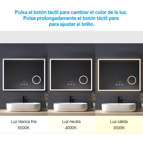 Heilmetz Espejos de Baño con Luz Antivaho Espejo Baño con 3X lupa y Relojes, 3 Luz de Color Brillo Ajustable 80x60 cm