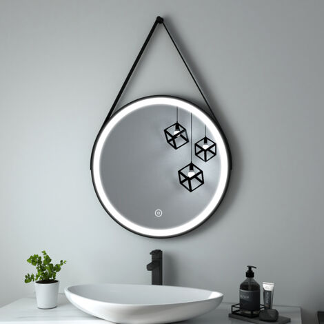 Heilmetz Specchi da Bagno con Luce Rotondo con Luce ф60cm con Cinghia nera Regolabile, Luce Bianca e Interruttore a Sfioramento
