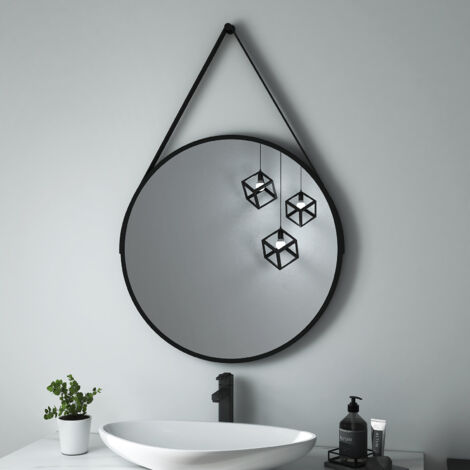 Heilmetz Specchio da bagno Specchio da parete rotondo ф50cm con cinturino nero regolabile Specchio retrò