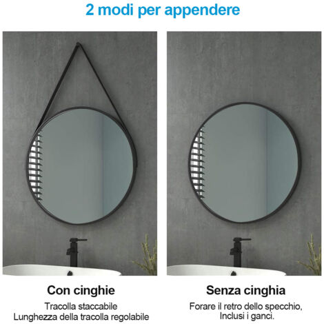 Heilmetz Specchio da bagno Specchio da parete rotondo ф50cm con cinturino nero regolabile Specchio retrò