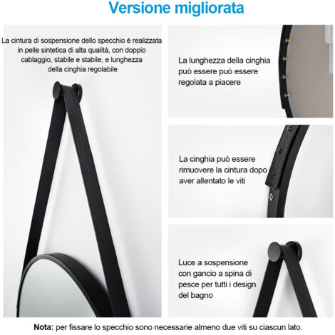 Heilmetz Specchio da bagno Specchio da parete rotondo ф50cm con cinturino nero regolabile Specchio retrò