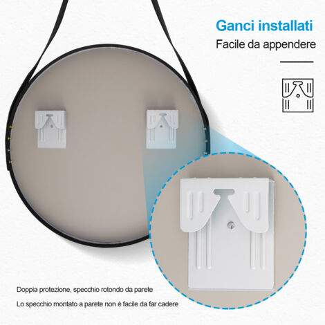 Heilmetz Specchio da bagno Specchio da parete rotondo ф50cm con cinturino nero regolabile Specchio retrò