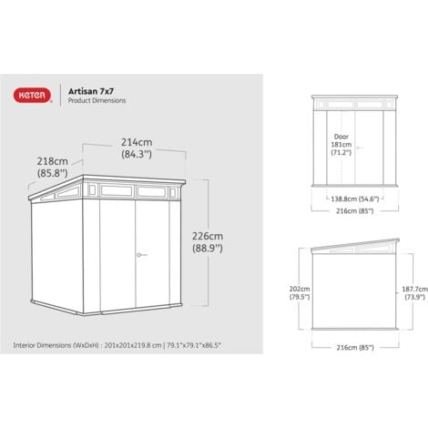 Keter Abri de jardin Artisan 77, rangement durable en résine résistant aux intempéries, Gris - 4,5 m² - 214x218x226 cm