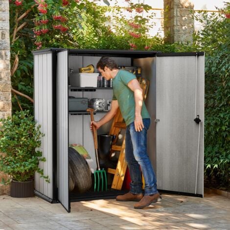 Keter Armoire de jardin High Store+, Polyvalent et Durable, en résine Style Bois, résistant, Gris - 1400L - 140x73.6x170.4 cm