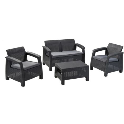 Keter – Salon de jardin 4 places avec table basse Corfu – Structure en résine tressée – Coussins confortables – Couleur anthracite