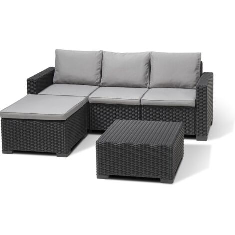 Allibert – Salon de jardin California canapé 3 places – Ensemble avec pouf et table basse – Rotin résistant aux intempéries – Coussins épais 7,5 cm (1/5)