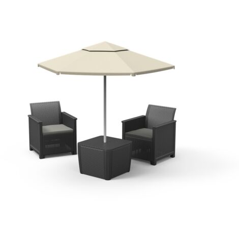 Keter – Salon de jardin 2 places avec coussins – Aspect osier anthracite – Table de rangement incluse – Assemblage rapide (1/4)