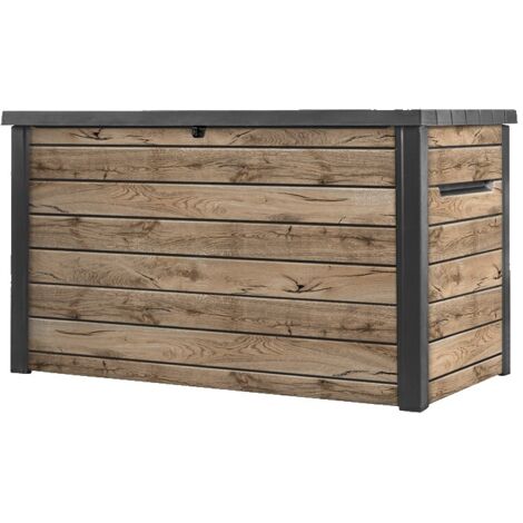 Keter – Coffre de jardin 870L – Aspect bois Douglas – Résistant aux intempéries et UV – Ouverture à piston – Poignées intégrées pour transport facile (1/4)