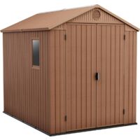 Keter – Abri de jardin 6 x 8 en résine brune effet bois – Résistant aux intempéries – Surface de 4,5 m² pour rangement outils et matériel