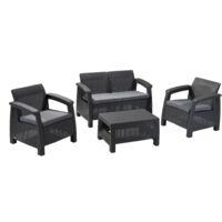 Keter – Salon de jardin 4 places Corfu – Table basse ergonomique – Coussins inclus – Résistant aux intempéries – Anthracite