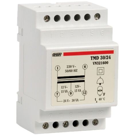VEMER VN321600 TMD 30/24 - Trasformatore 24V per Campanelli, Installazione su Barra Din, Tensione Primario 230V, Tensione Secondario 12-24V, Potenza 30A, Bianco