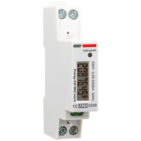 Contatore Energia Elettrica Monofase da Barra DIN Misuratore Consumo Elettrico MID Corrente Massima Misurabile 50A Vemer VE798900 Energy M50 Micro